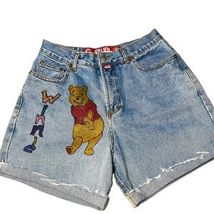 Hand painted Winnie the Pooh high waist denim cut off shorts